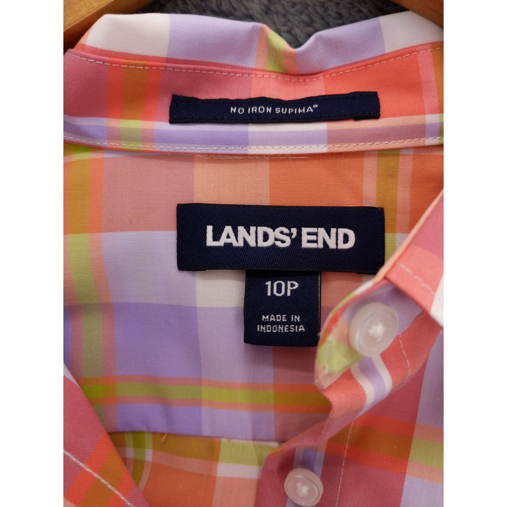 Lands End Women 10P Plaid No Iron Supima‎ Cotton Button Up Shirt Orange Lavender - Picture 6 of 8